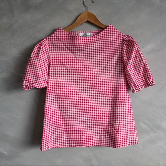 Vtg Checked Gingham Pink White Oktoberfest Cottagecore Short Sleeve Top Sz  S - Picture 1 of 6